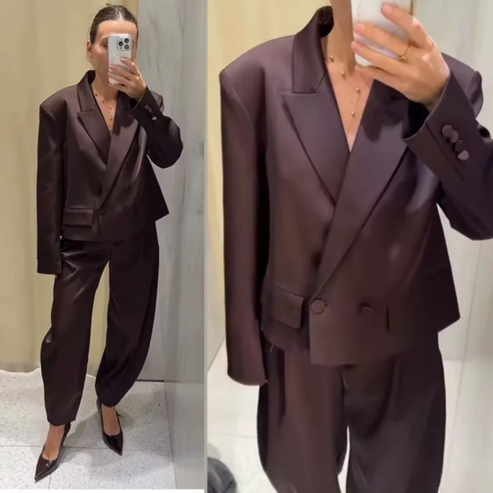 Zara Satin Double Breasted Cropped Blazer Jacket Brown Size XL